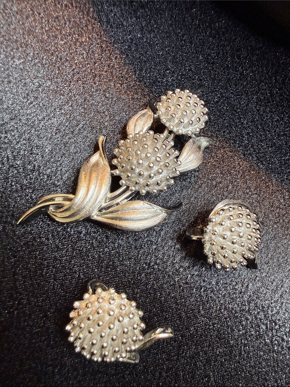 Vintage Trifari Silver-Tone Floral Pin and Clip-On Earring Set -